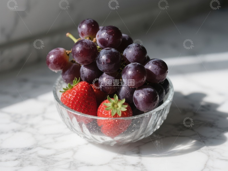 高清大图下载【趣麦麦图】透明碗中的葡萄与草莓