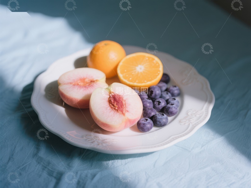 高清大图下载【趣麦麦图】新鲜水果盘：桃子、橙子与蓝莓