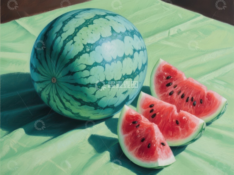 高清大图下载【趣麦麦图】绿布上的西瓜与切片