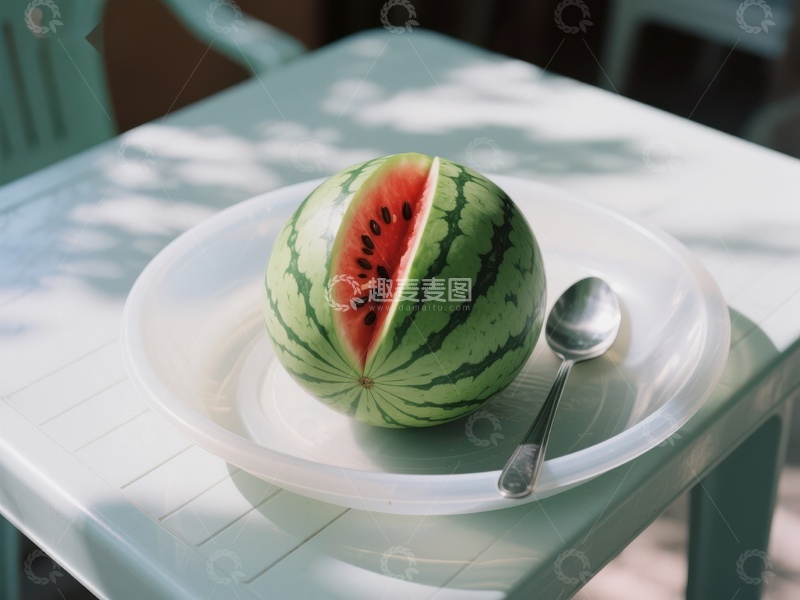 高清大图下载【趣麦麦图】切开的西瓜置于白色盘中