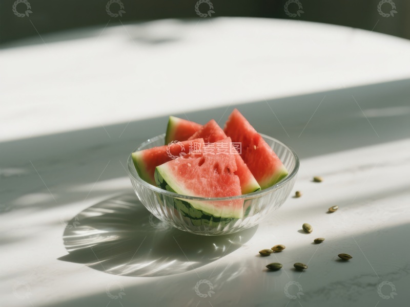 高清大图下载【趣麦麦图】碗中切片西瓜，阳光洒落桌面