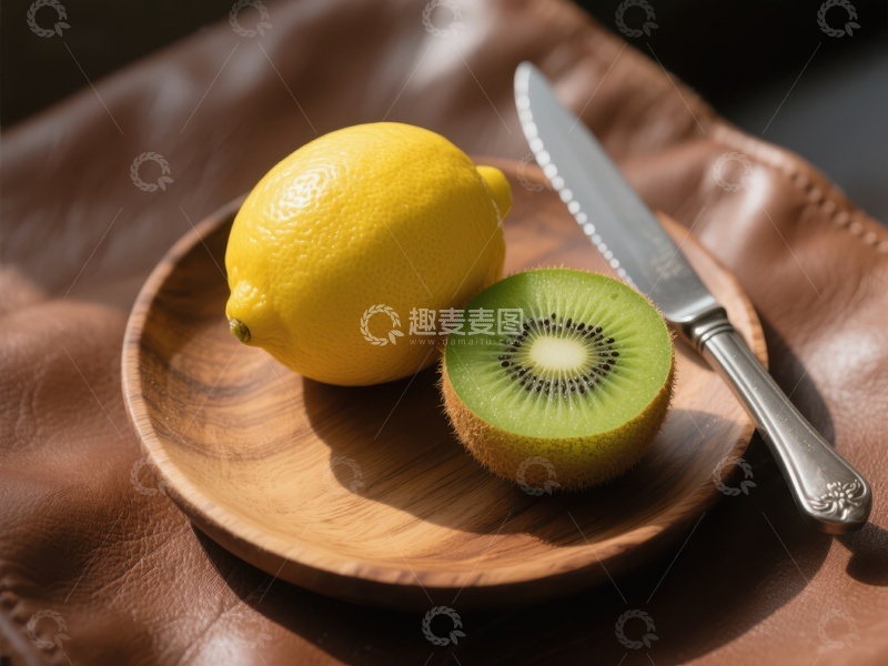高清大图下载【趣麦麦图】柠檬与切开的猕猴桃置于木盘