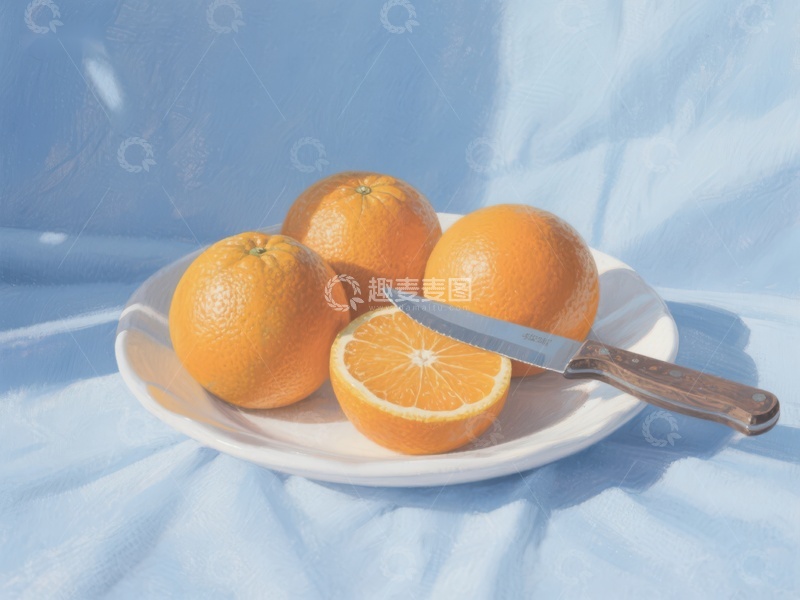高清大图下载【趣麦麦图】盘中橙子与刀具的静物组合