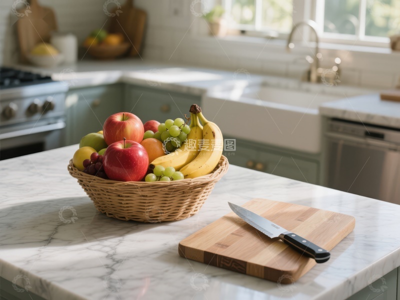 高清大图下载【趣麦麦图】厨房岛台上的水果篮与砧板