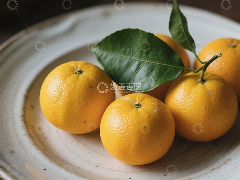 新鲜橙子与绿叶静物图