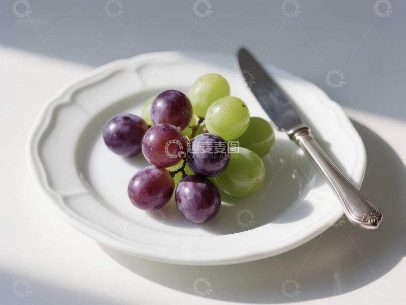 高清大图下载【趣麦麦图】白盘上的葡萄与刀具