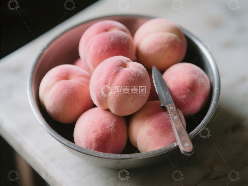 高清大图下载【趣麦麦图】新鲜桃子装满金属碗