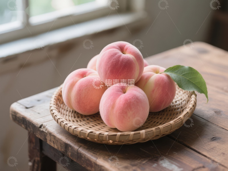 高清大图下载【趣麦麦图】新鲜桃子置于竹篮中