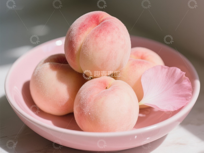 高清大图下载【趣麦麦图】粉盘中的新鲜桃子与花瓣