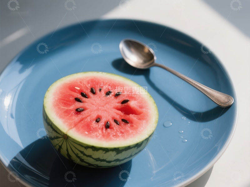 高清大图下载【趣麦麦图】蓝色盘子上的西瓜半块与勺子