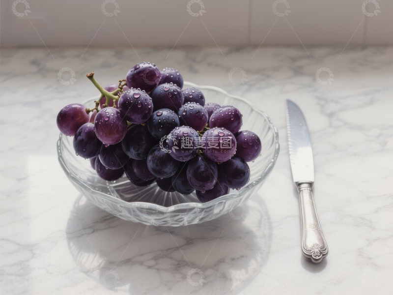 高清大图下载【趣麦麦图】晶莹紫葡萄置于玻璃碗中