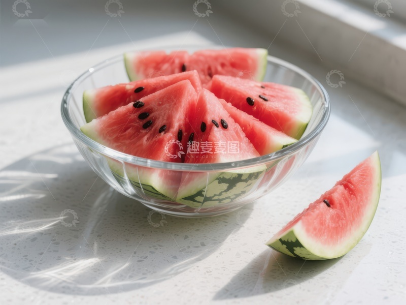 高清大图下载【趣麦麦图】新鲜西瓜切片置于透明碗中