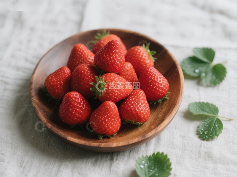 高清大图下载【趣麦麦图】新鲜草莓置于木质碗中