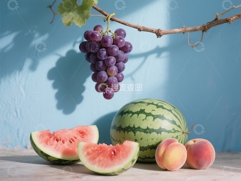 夏日水果静物：西瓜、桃子与葡萄