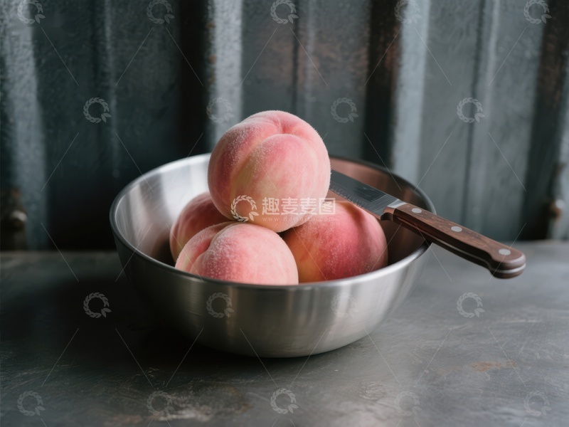 高清大图下载【趣麦麦图】金属碗中的新鲜桃子