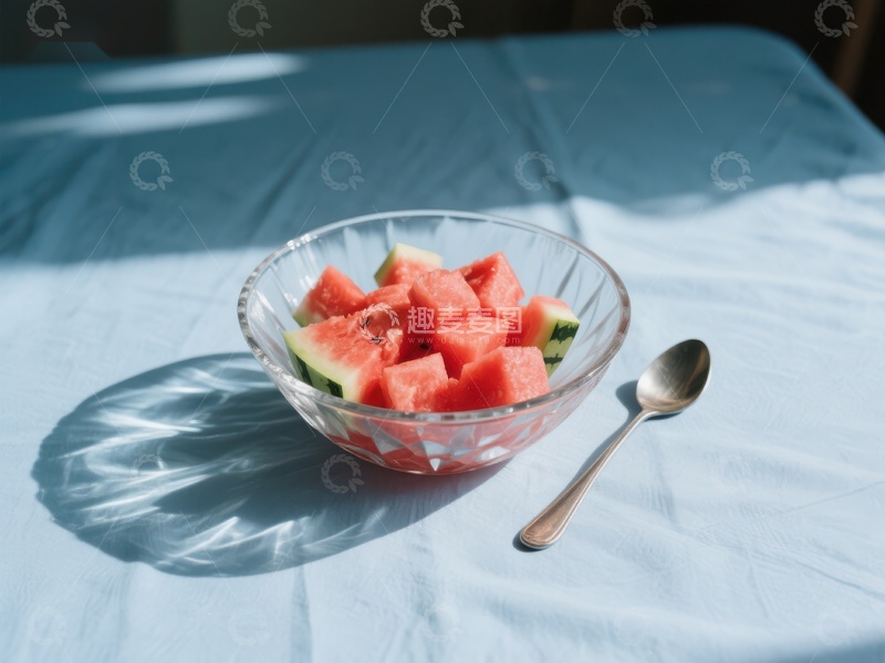 高清大图下载【趣麦麦图】阳光下的西瓜块与银勺