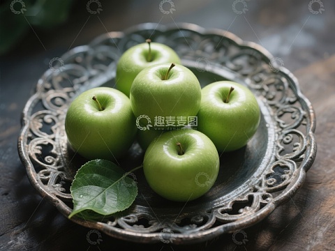 青苹果置于复古银盘中