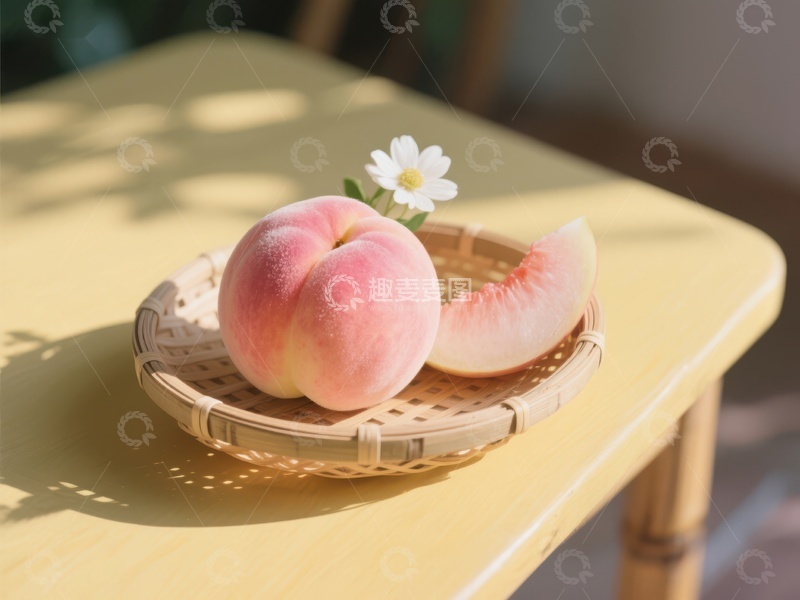 高清大图下载【趣麦麦图】竹篮中的桃子与花朵