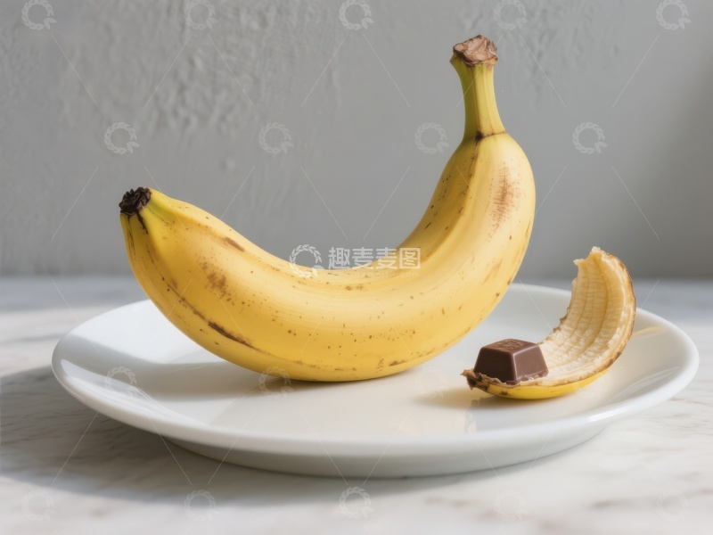 高清大图下载【趣麦麦图】香蕉与巧克力片置于白色盘中