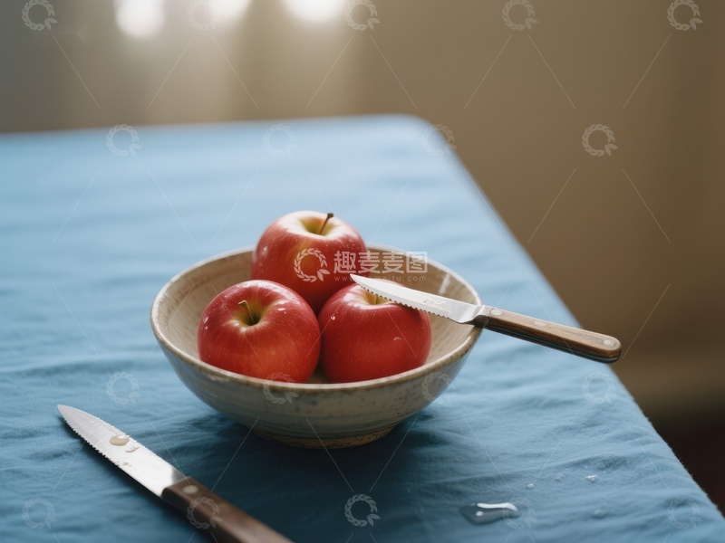 高清大图下载【趣麦麦图】碗中苹果与刀具的静物场景