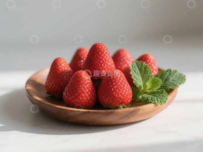 高清大图下载【趣麦麦图】新鲜草莓与薄荷叶置于木盘中