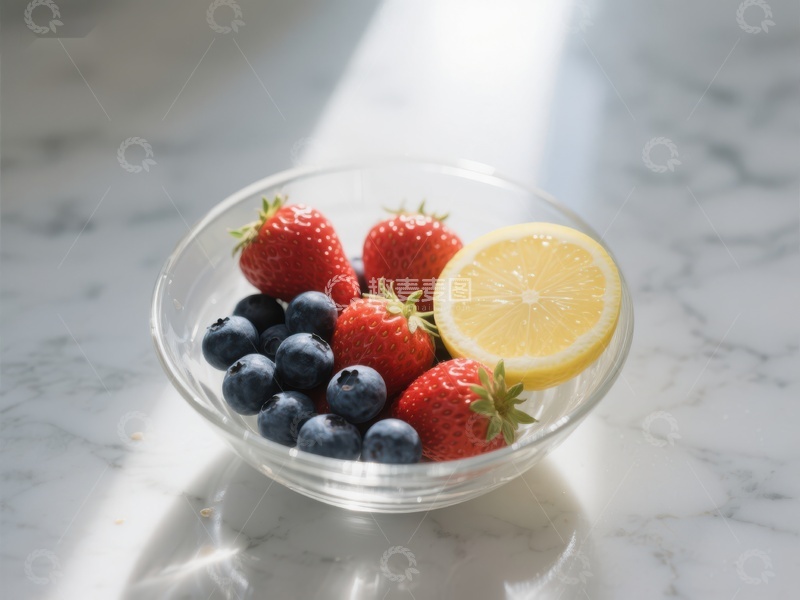 高清大图下载【趣麦麦图】新鲜水果碗：草莓、蓝莓与柠檬