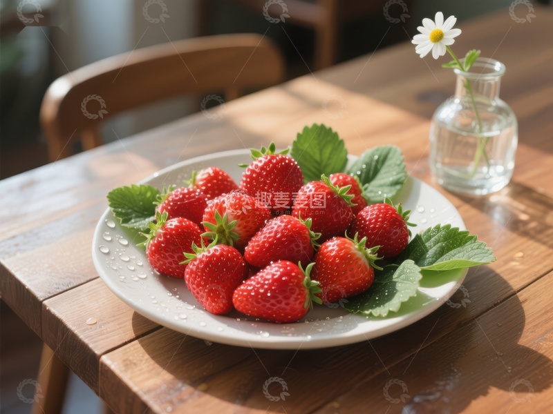 高清大图下载【趣麦麦图】新鲜草莓配绿叶，桌上静物