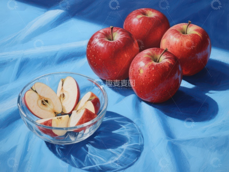 高清大图下载【趣麦麦图】红苹果与切片，蓝布背景