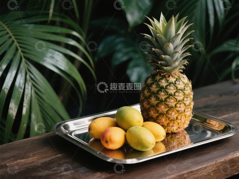 高清大图下载【趣麦麦图】热带水果盘：菠萝与芒果