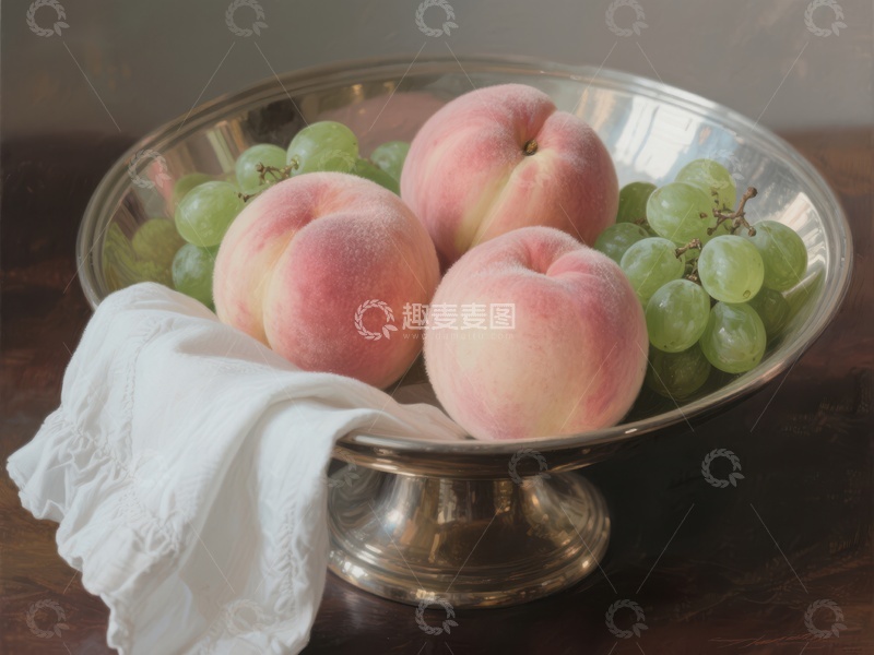 高清大图下载【趣麦麦图】银碗中的桃子与葡萄