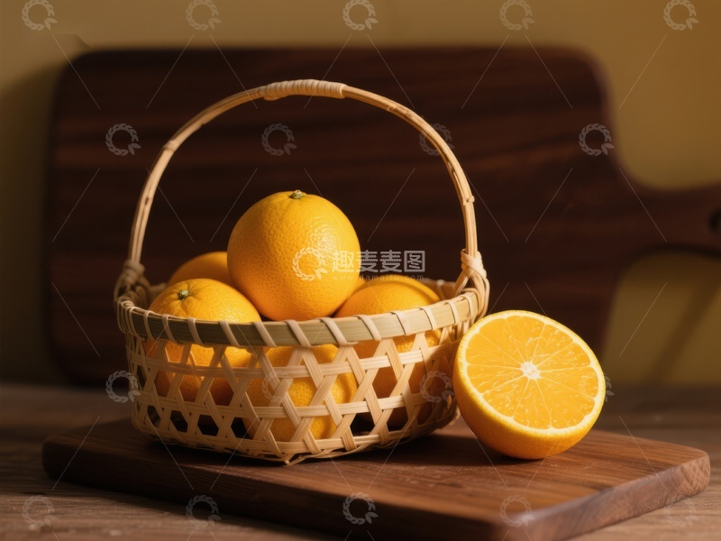 高清大图下载【趣麦麦图】竹篮中的橙子与切片