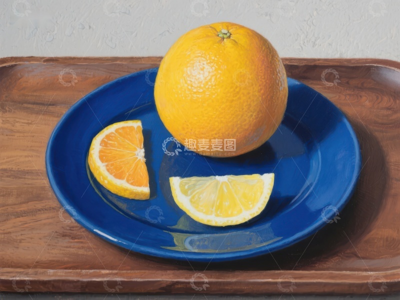 高清大图下载【趣麦麦图】橙子与切片置于蓝色盘中