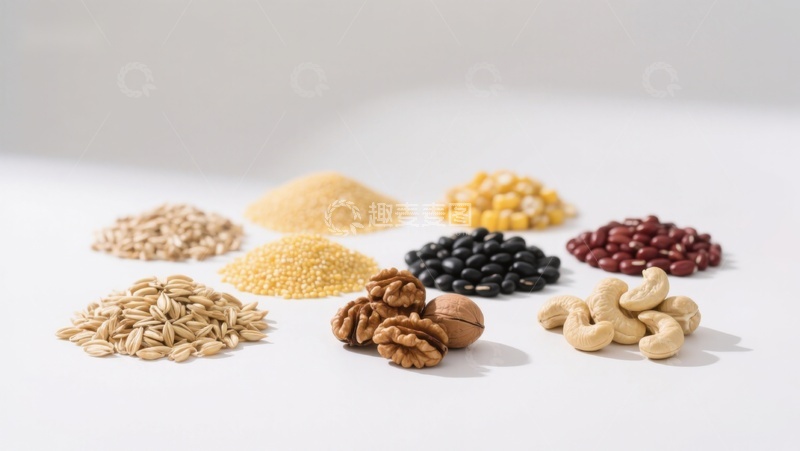 高清大图下载【趣麦麦图】多样坚果与谷物的静物展示
