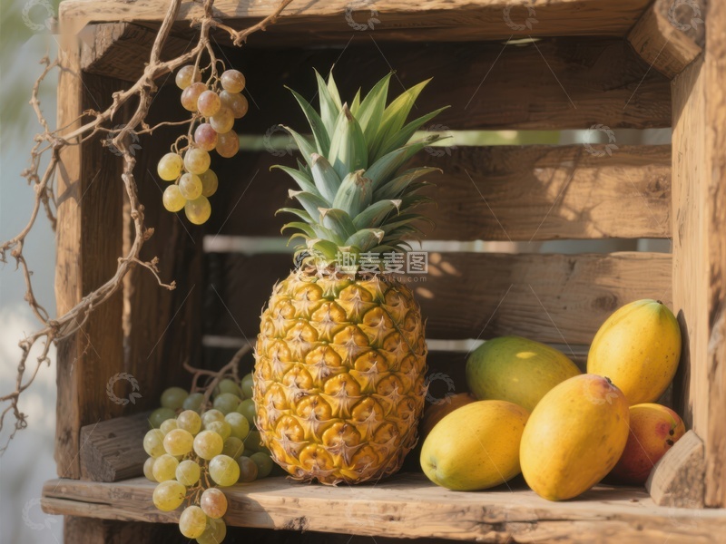 高清大图下载【趣麦麦图】木箱中的菠萝与热带水果