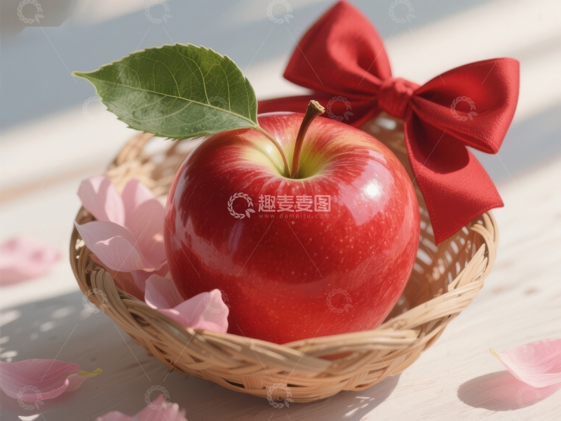 高清大图下载【趣麦麦图】-红苹果置于篮中，饰以红色蝴蝶结