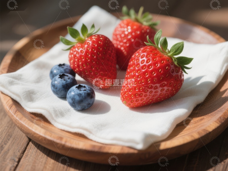 高清大图下载【趣麦麦图】新鲜草莓蓝莓置于木盘白布上