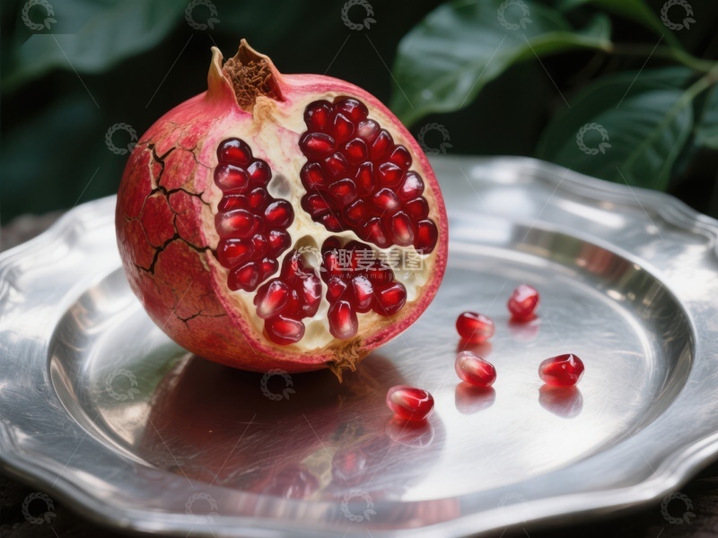 高清大图下载【趣麦麦图】切开的石榴置于银盘之上