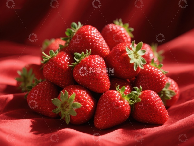 高清大图下载【趣麦麦图】鲜红草莓堆叠在红色布料上