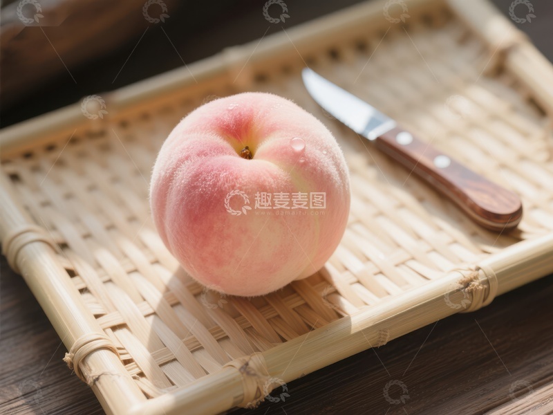 高清大图下载【趣麦麦图】桃子与刀置于竹编托盘
