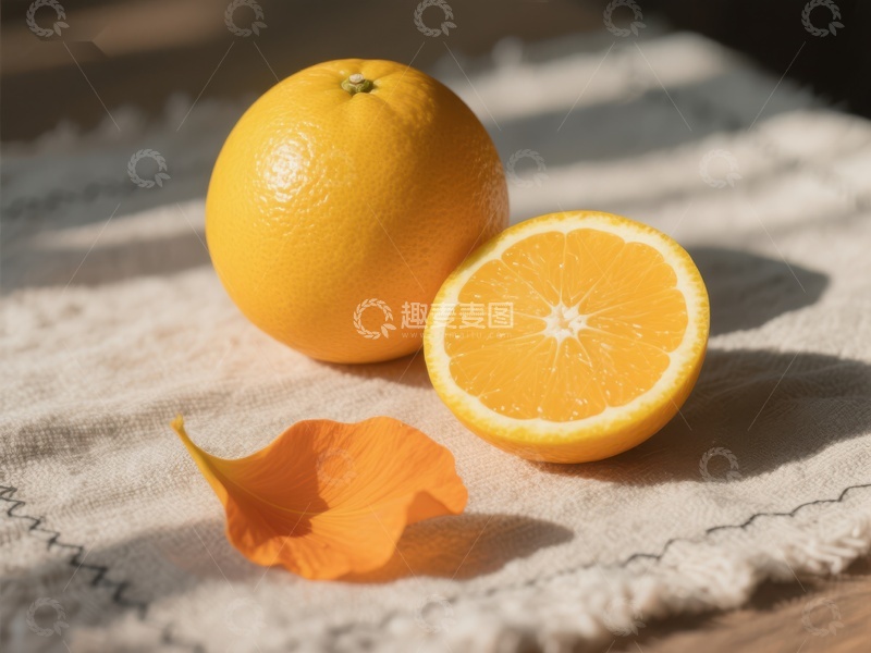 高清大图下载【趣麦麦图】新鲜橙子与花瓣的静物摄影