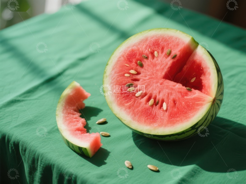 高清大图下载【趣麦麦图】切开的西瓜放在绿色布上
