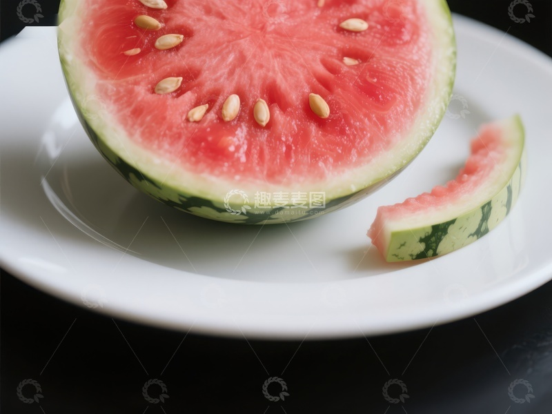 高清大图下载【趣麦麦图】切开的西瓜，一半与小片置于盘中