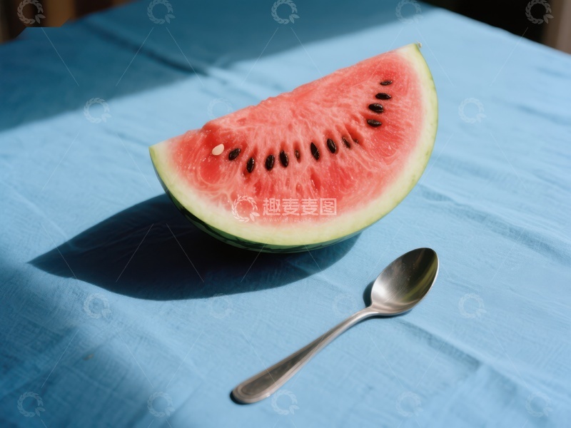 高清大图下载【趣麦麦图】切片西瓜与银勺置于蓝色布上
