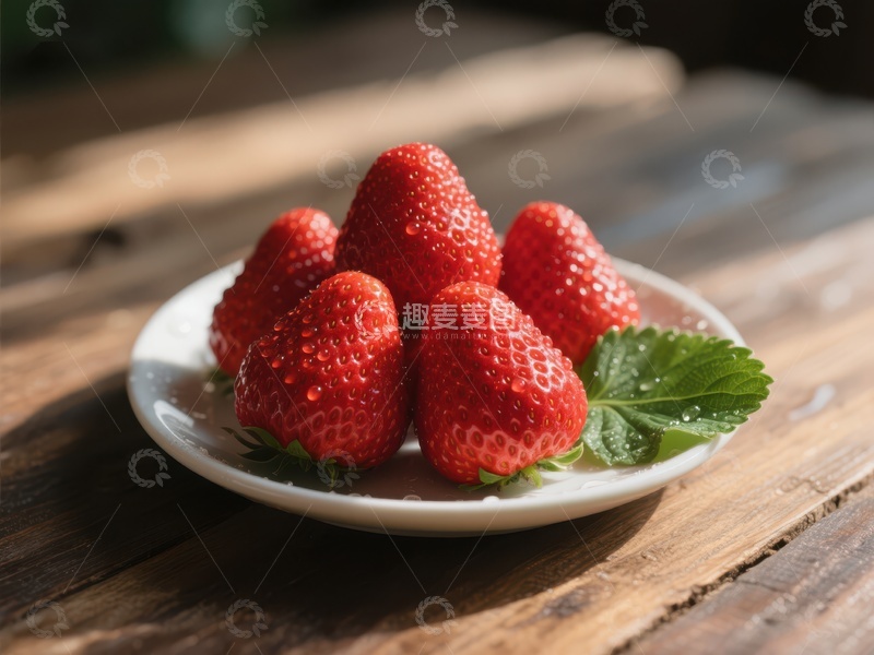 高清大图下载【趣麦麦图】新鲜草莓置于木质桌上的白色碟中