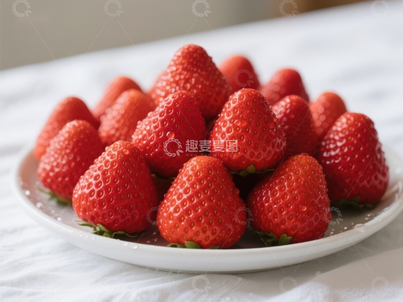 高清大图下载【趣麦麦图】新鲜草莓堆叠在白色盘中