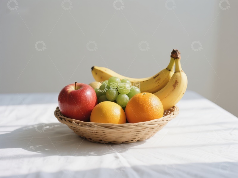 高清大图下载【趣麦麦图】新鲜水果篮，包含苹果、香蕉和橙子