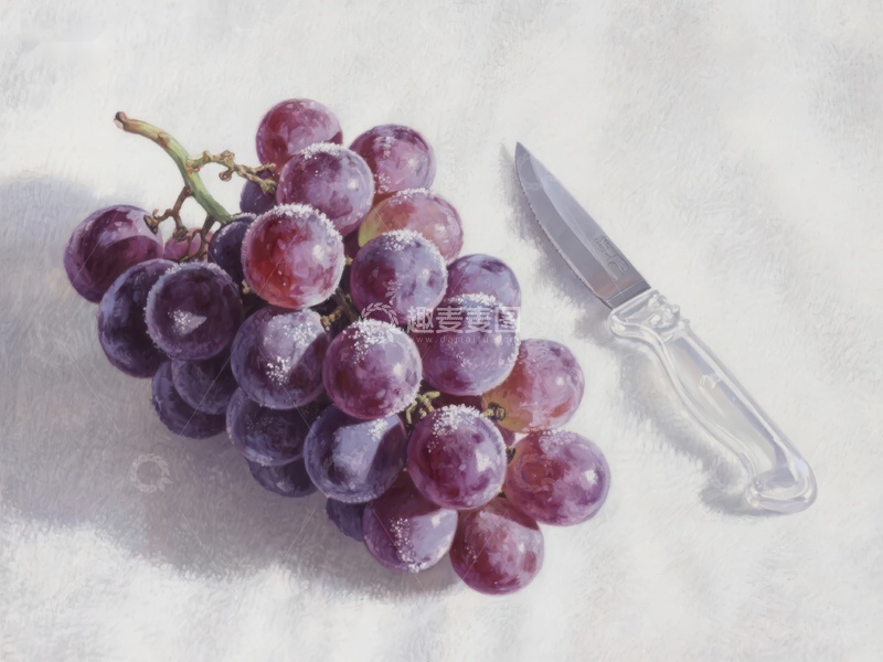 高清大图下载【趣麦麦图】葡萄与刀具的静物画