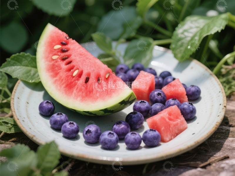 高清大图下载【趣麦麦图】夏日清凉：西瓜与蓝莓的美味组合