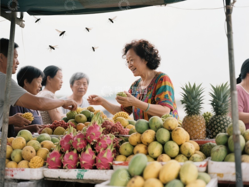 市场摊位前的水果交易