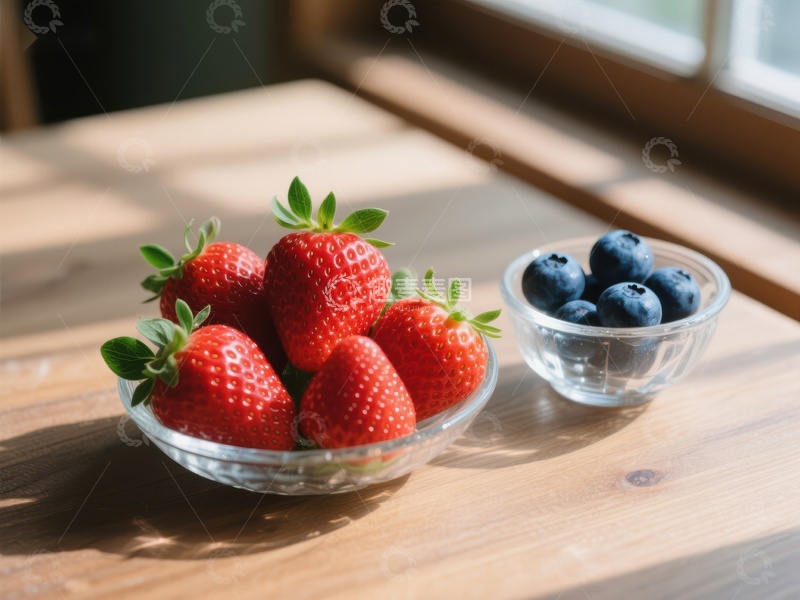高清大图下载【趣麦麦图】新鲜草莓与蓝莓的静谧摆放
